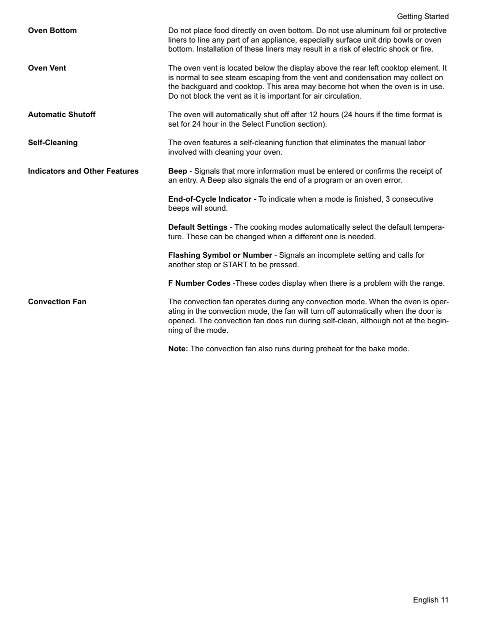 Oven bottom, Oven vent, Automatic shutoff | Self-cleaning, Indicators and other features, Convection fan | Siemens NO NAME HE2425 User Manual | Page 13 / 48