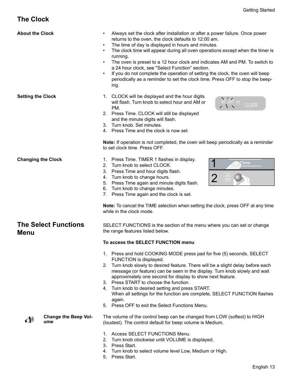 The clock, About the clock, Setting the clock | Clock, Turn knob. set minutes, Press time and the clock is now set, Changing the clock, Press time. timer 1 flashes in display, Turn knob to select clock, Press time and hour digits flash | Siemens NO NAME HE2425 User Manual | Page 15 / 48