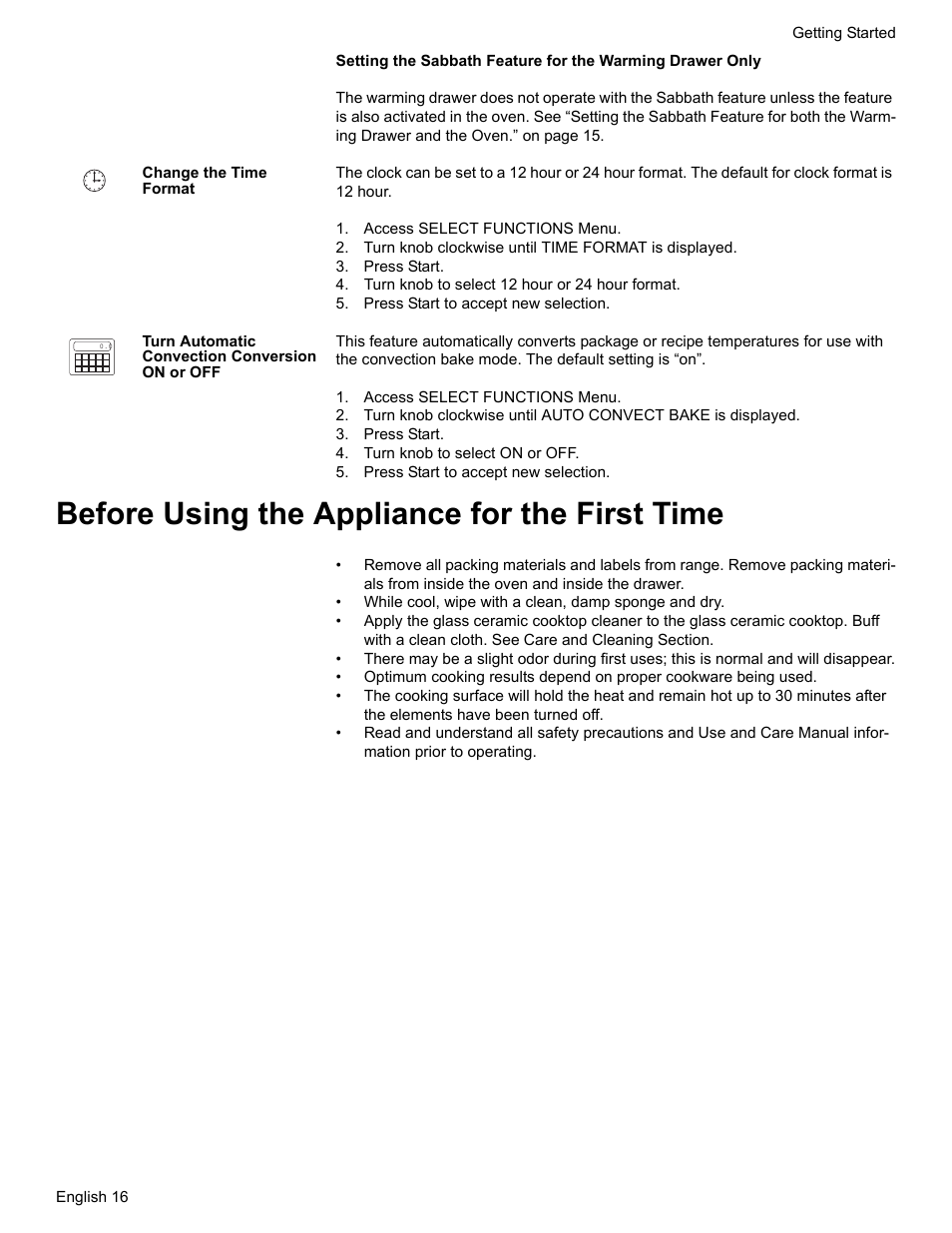 Change the time format, Access select functions menu, Turn knob clockwise until time format is displayed | Press start, Turn knob to select 12 hour or 24 hour format, Press start to accept new selection, Turn automatic convection conversion on or off, Turn knob to select on or off, Before using the appliance for the first time | Siemens NO NAME HE2425 User Manual | Page 18 / 48