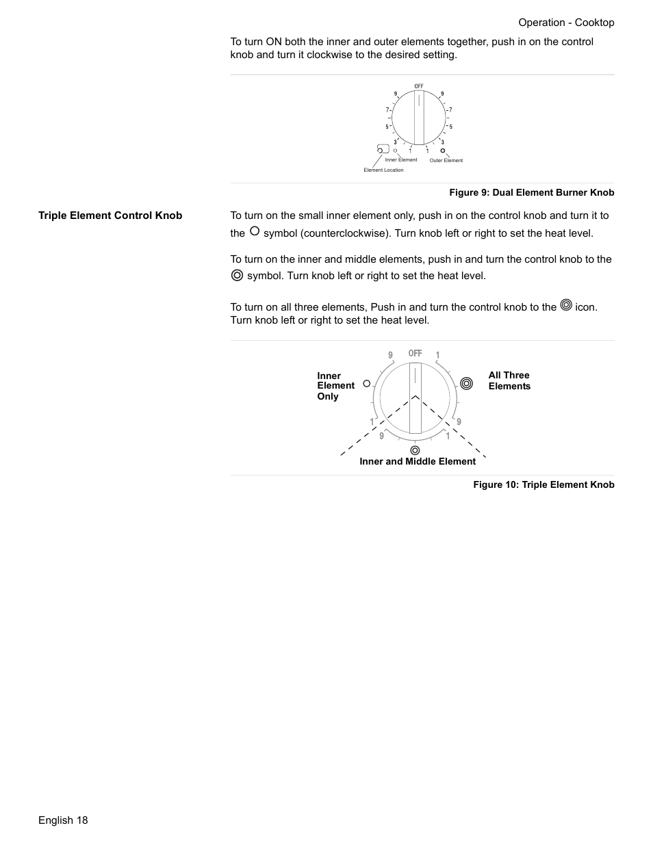 Figure 9: dual element burner knob, Triple element control knob, Figure 10: triple element knob | Siemens NO NAME HE2425 User Manual | Page 20 / 48