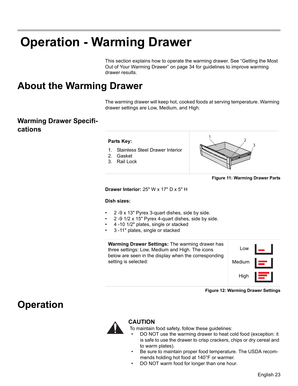 Operation - warming drawer, About the warming drawer, Warming drawer specifications | Stainless steel drawer interior, Gasket, Rail lock, Figure 11: warming drawer parts, Figure 12: warming drawer settings, Operation, Warming drawer specifi- cations | Siemens NO NAME HE2425 User Manual | Page 25 / 48