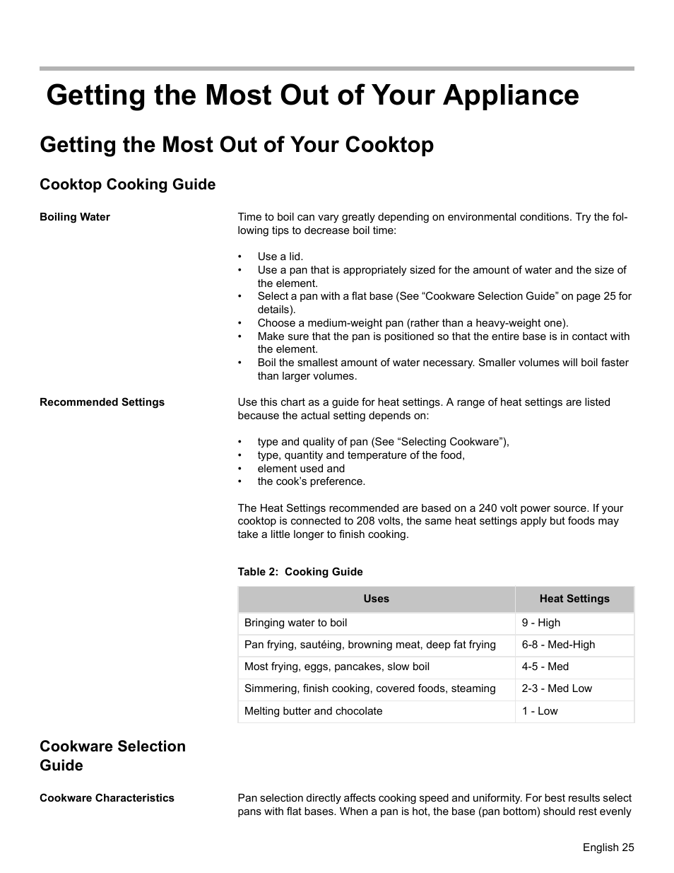 Getting the most out of your appliance, Getting the most out of your cooktop, Cooktop cooking guide | Boiling water, Recommended settings, Table 2: cooking guide, Cookware selection guide, Cookware characteristics | Siemens NO NAME HE2425 User Manual | Page 27 / 48