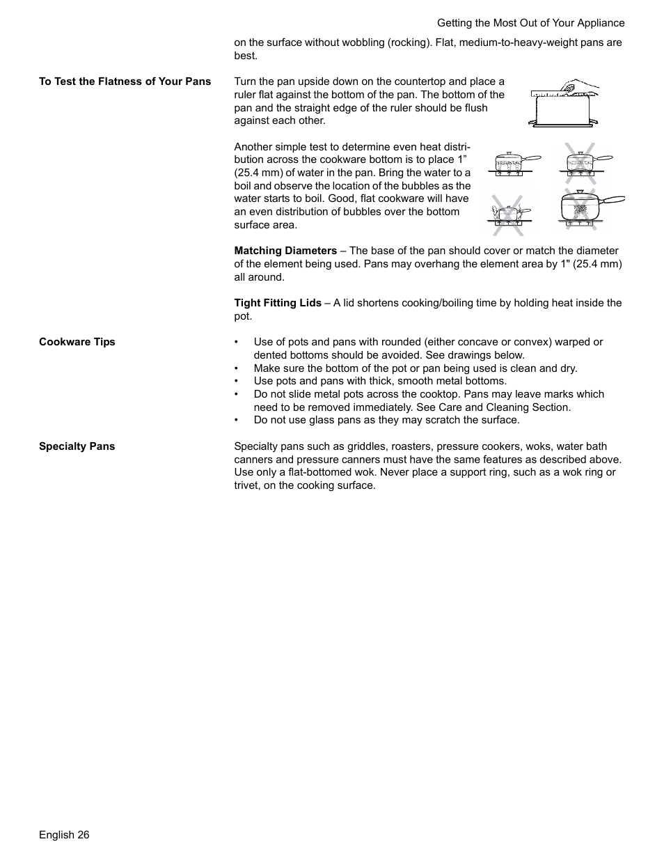To test the flatness of your pans, Cookware tips, Specialty pans | Siemens NO NAME HE2425 User Manual | Page 28 / 48