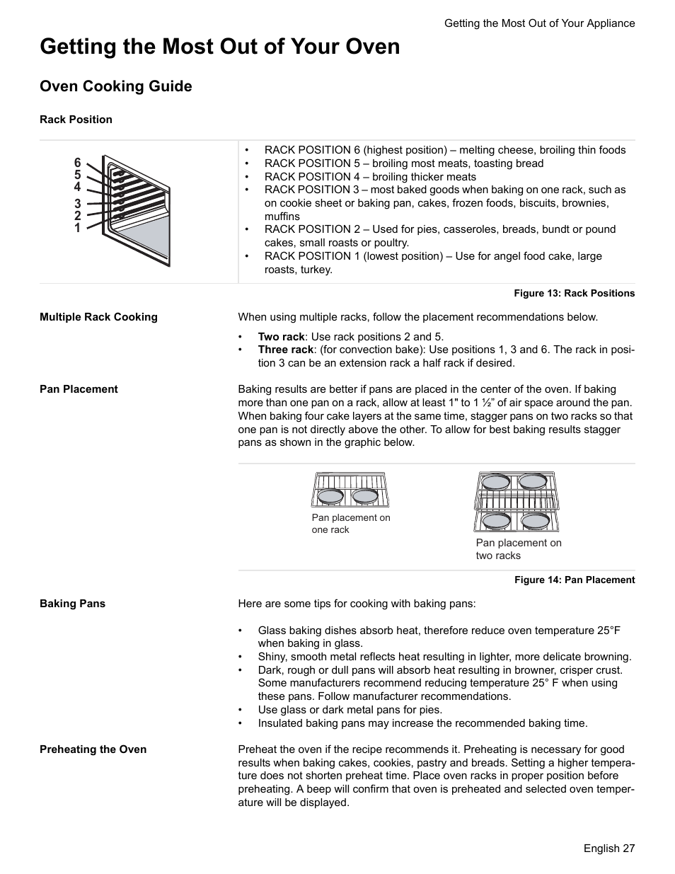 Getting the most out of your oven, Oven cooking guide, Rack position | Figure 13: rack positions, Multiple rack cooking, Pan placement, Figure 14: pan placement, Baking pans, Preheating the oven | Siemens NO NAME HE2425 User Manual | Page 29 / 48