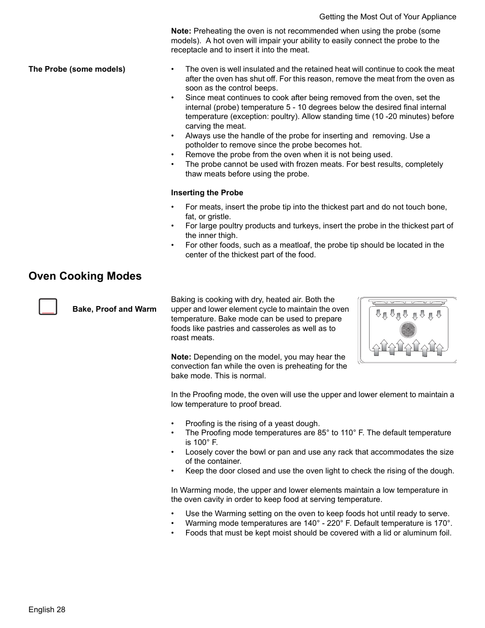 The probe (some models), Oven cooking modes, Bake, proof and warm | Siemens NO NAME HE2425 User Manual | Page 30 / 48