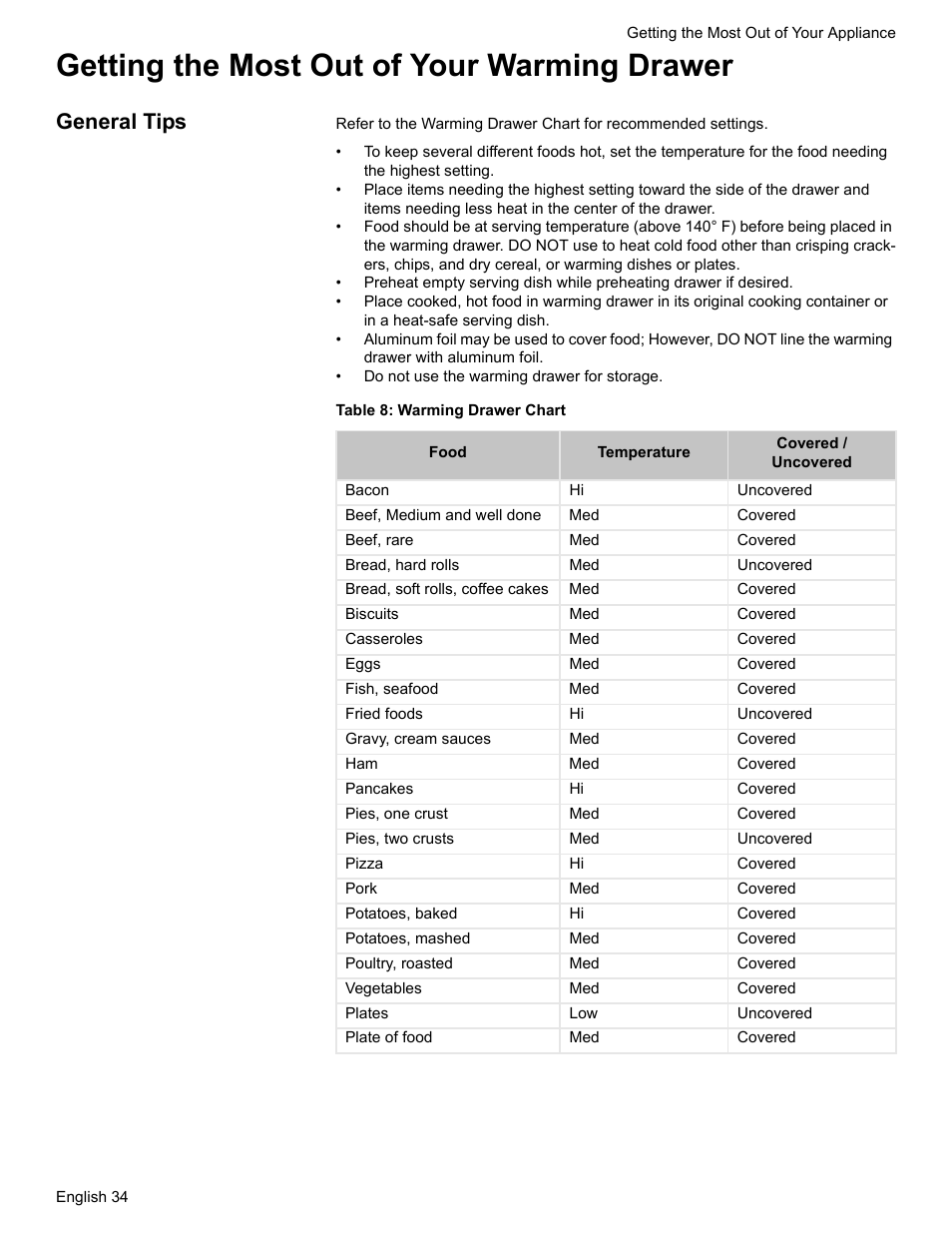 Getting the most out of your warming drawer, General tips, Table 8: warming drawer chart | Siemens NO NAME HE2425 User Manual | Page 36 / 48