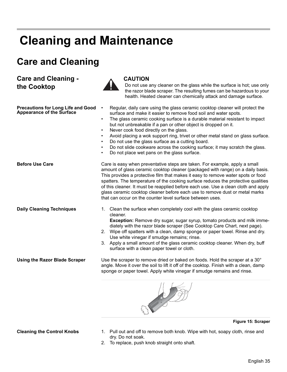 Cleaning and maintenance, Care and cleaning, Care and cleaning - the cooktop | Before use care, Daily cleaning techniques, Using the razor blade scraper, Figure 15: scraper, Cleaning the control knobs, To replace, push knob straight onto shaft | Siemens NO NAME HE2425 User Manual | Page 37 / 48