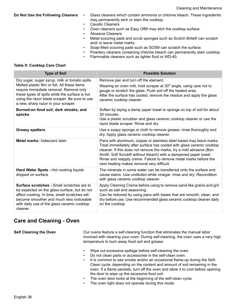 Do not use the following cleaners, Table 9: cooktop care chart, Care and cleaning - oven | Self cleaning the oven | Siemens NO NAME HE2425 User Manual | Page 38 / 48