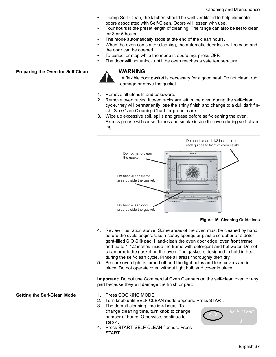 Preparing the oven for self clean, Remove all utensils and bakeware, Figure 16: cleaning guidelines | Setting the self-clean mode, Press cooking mode, Press start. self clean flashes. press start | Siemens NO NAME HE2425 User Manual | Page 39 / 48