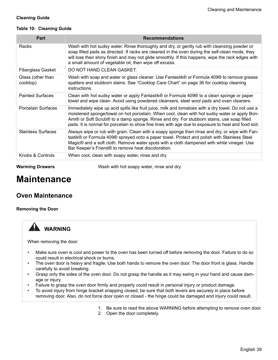 Cleaning guide, Table 10: cleaning guide, Warming drawers | Maintenance, Oven maintenance, Removing the door, Open the door completely | Siemens NO NAME HE2425 User Manual | Page 41 / 48