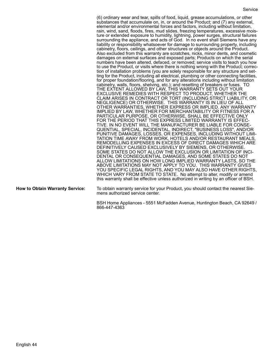 How to obtain warranty service | Siemens NO NAME HE2425 User Manual | Page 46 / 48