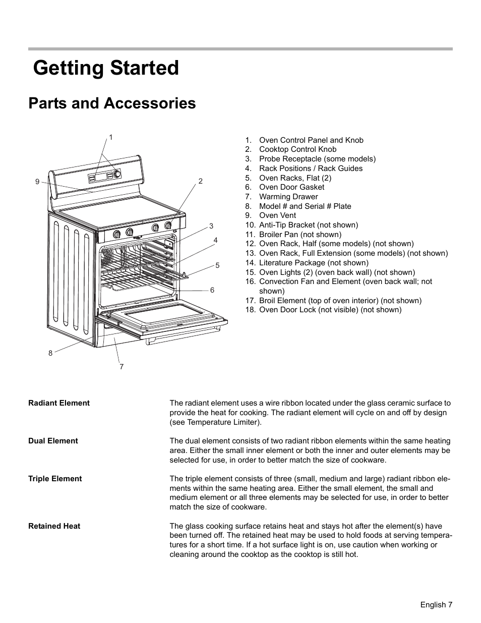 Getting started, Parts and accessories, Oven control panel and knob | Cooktop control knob, Probe receptacle (some models), Rack positions / rack guides, Oven racks, flat (2), Oven door gasket, Warming drawer, Model # and serial # plate | Siemens NO NAME HE2425 User Manual | Page 9 / 48