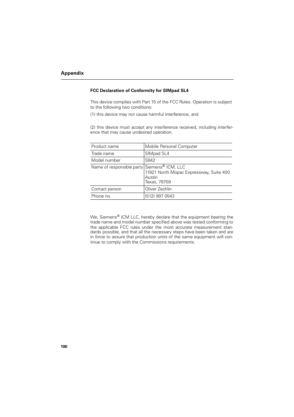 Product name, Mobile personal computer, Trade name | Simpad sl4, Model number, S842, Name of responsible party, Contact person, Oliver zechlin, Phone no | Siemens SL4 User Manual | Page 100 / 104