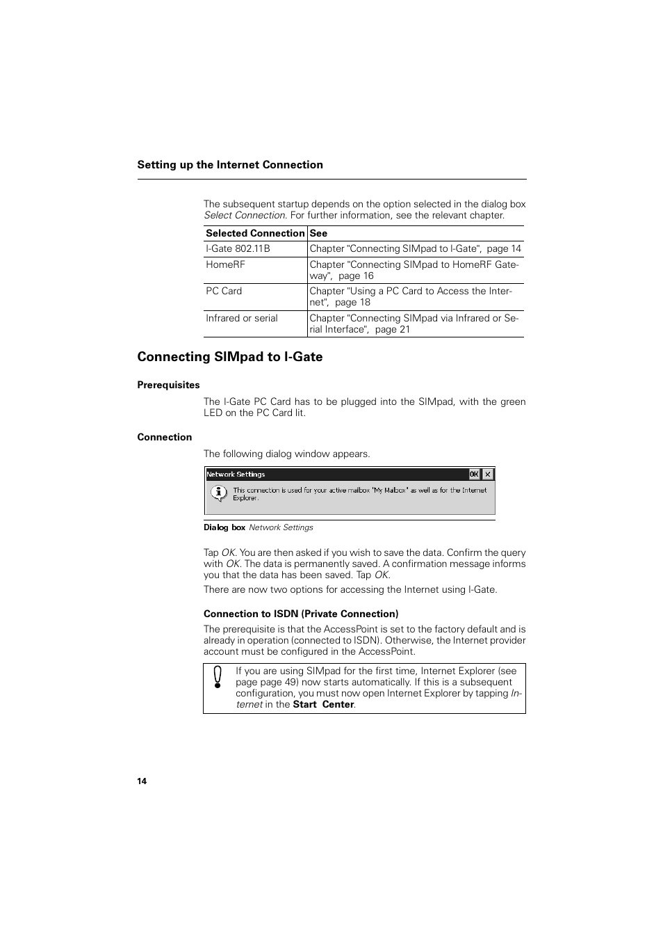 Selected connection, I-gate 802.11b, Homerf | Pc card, Infrared or serial, Connecting simpad to i-gate, Prerequisites, Connection, Rqqhfwlqj 6,0sdg wr ,*dwh | Siemens SL4 User Manual | Page 14 / 104