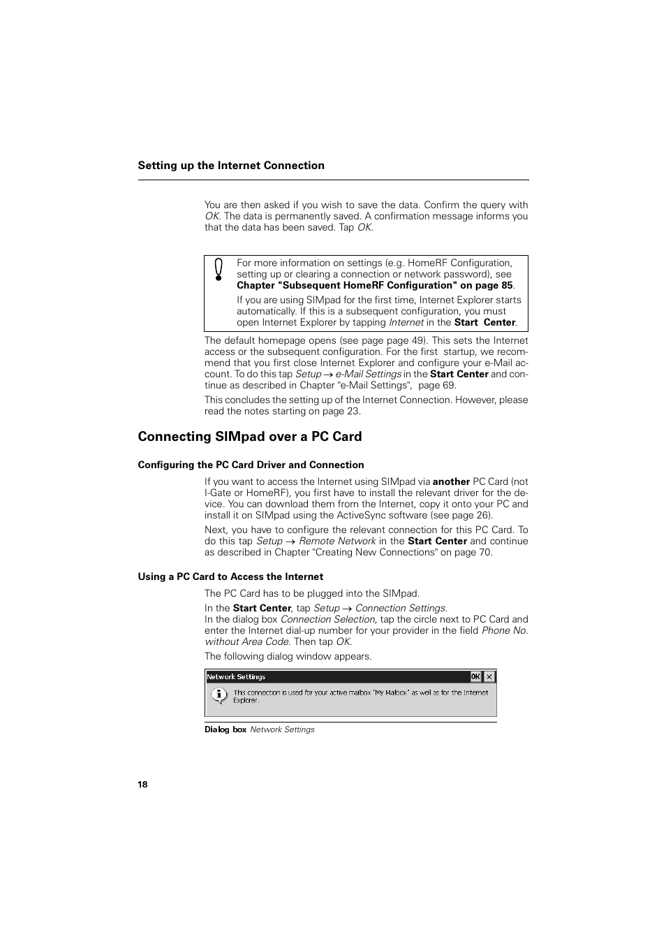 Connecting simpad over a pc card, Configuring the pc card driver and connection, Using a pc card to access the internet | Rqqhfwlqj 6,0sdg ryhu d 3& &dug | Siemens SL4 User Manual | Page 18 / 104