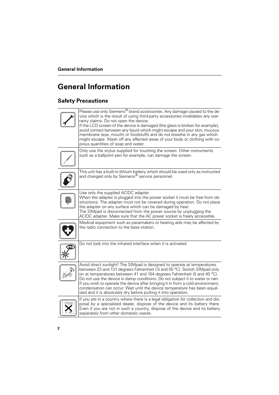 General information, Safety precautions, Hqhudo ,qirupdwlrq | 6dihw\ 3uhfdxwlrqv | Siemens SL4 User Manual | Page 2 / 104
