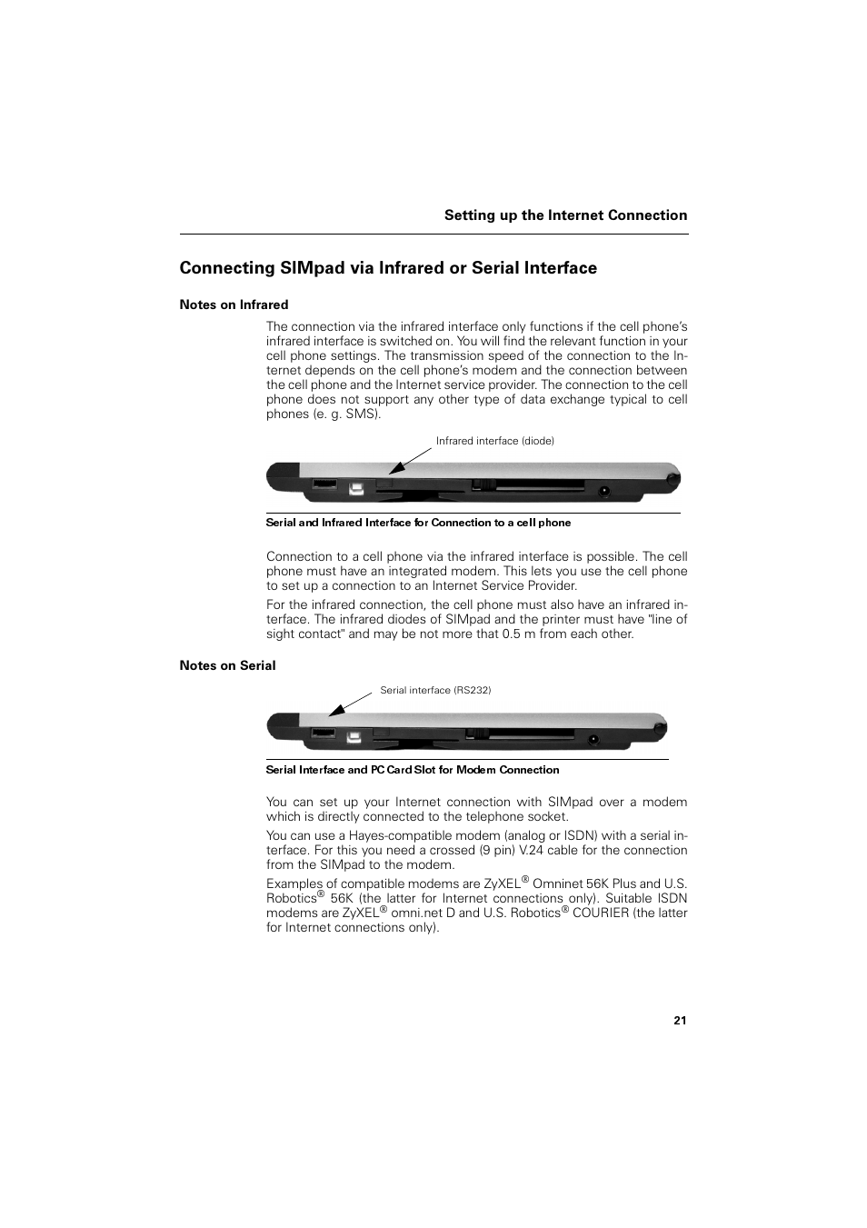 Connecting simpad via infrared or serial interface, Notes on infrared, Notes on serial | Rqqhfwlqj 6,0sdg yld ,qiuduhg ru 6huldo ,qwhuidfh | Siemens SL4 User Manual | Page 21 / 104