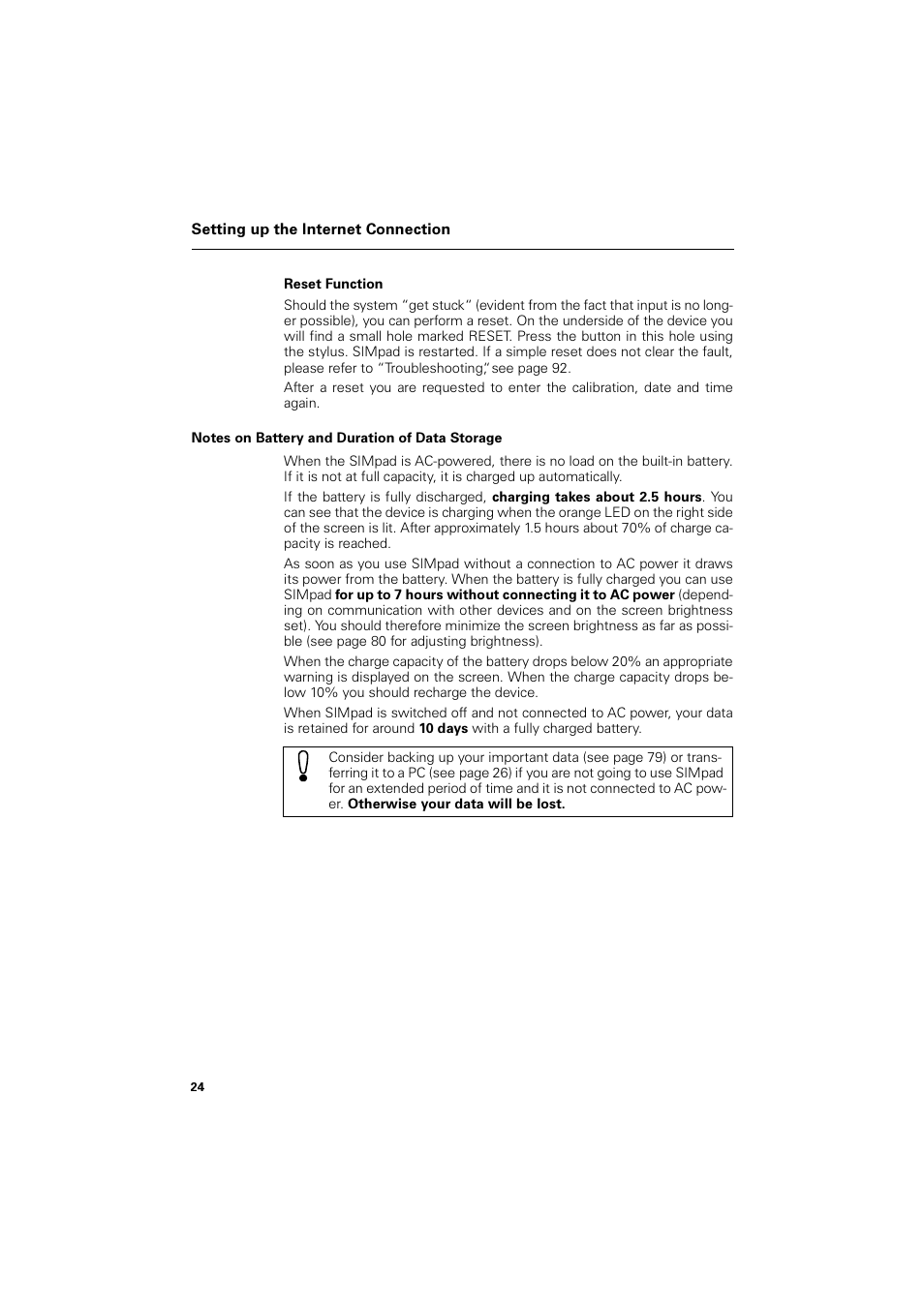 Reset function, Notes on battery and duration of data storage | Siemens SL4 User Manual | Page 24 / 104