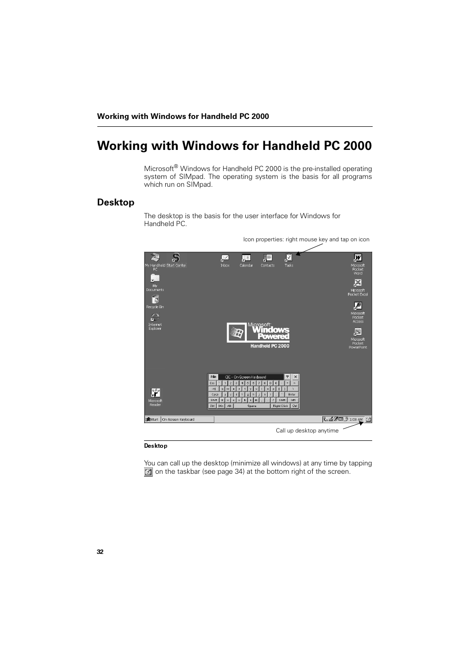 Working with windows for handheld pc 2000, Desktop, Runlqj zlwk :lqgrzv iru +dqgkhog 3 | Hvnwrs | Siemens SL4 User Manual | Page 32 / 104