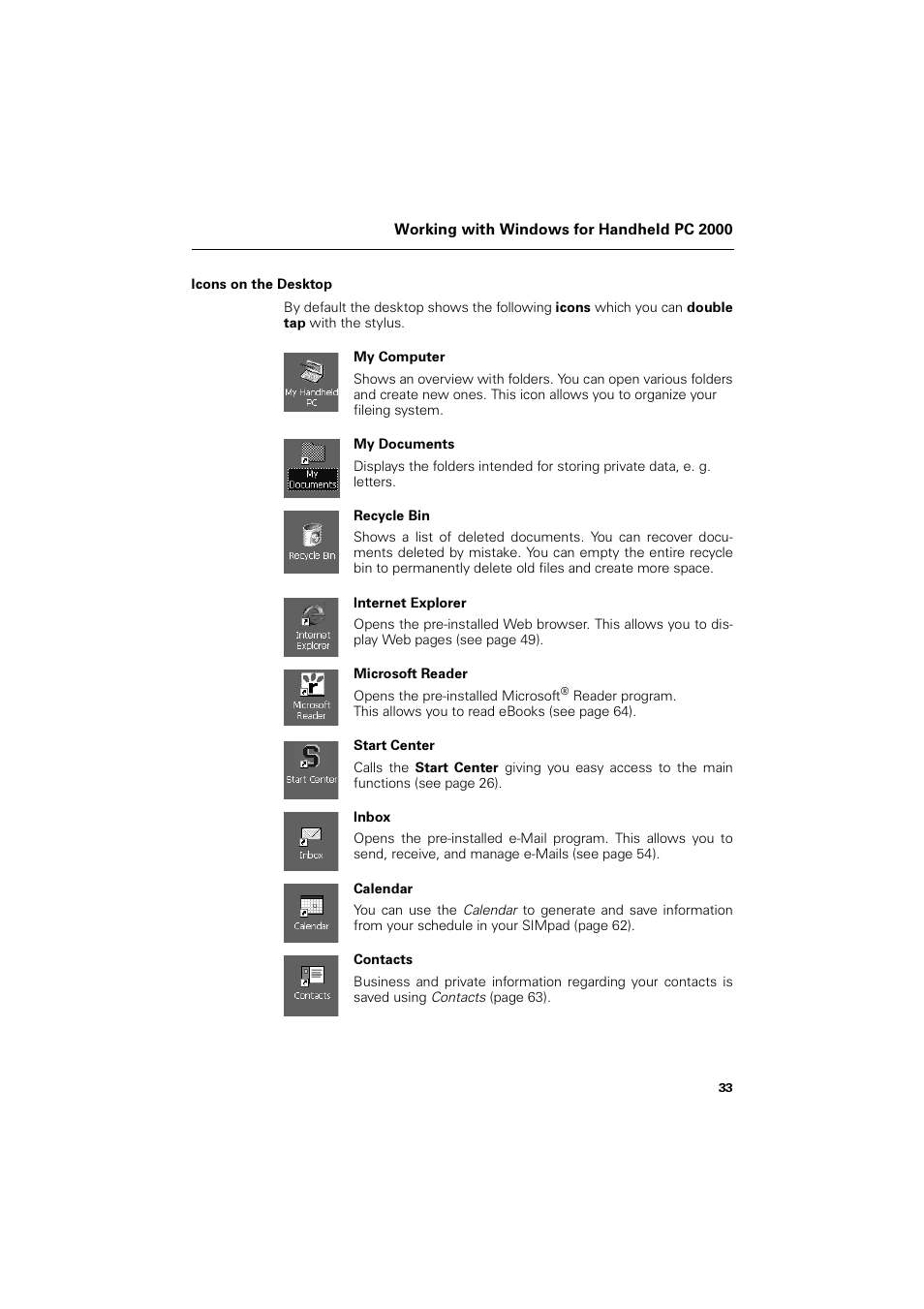 Icons on the desktop | Siemens SL4 User Manual | Page 33 / 104