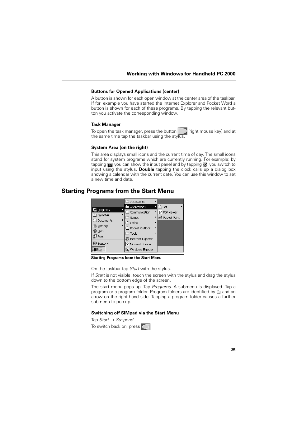 Buttons for opened applications (center), Starting programs from the start menu, 6wduwlqj 3urjudpv iurp wkh 6wduw 0hqx | Siemens SL4 User Manual | Page 35 / 104