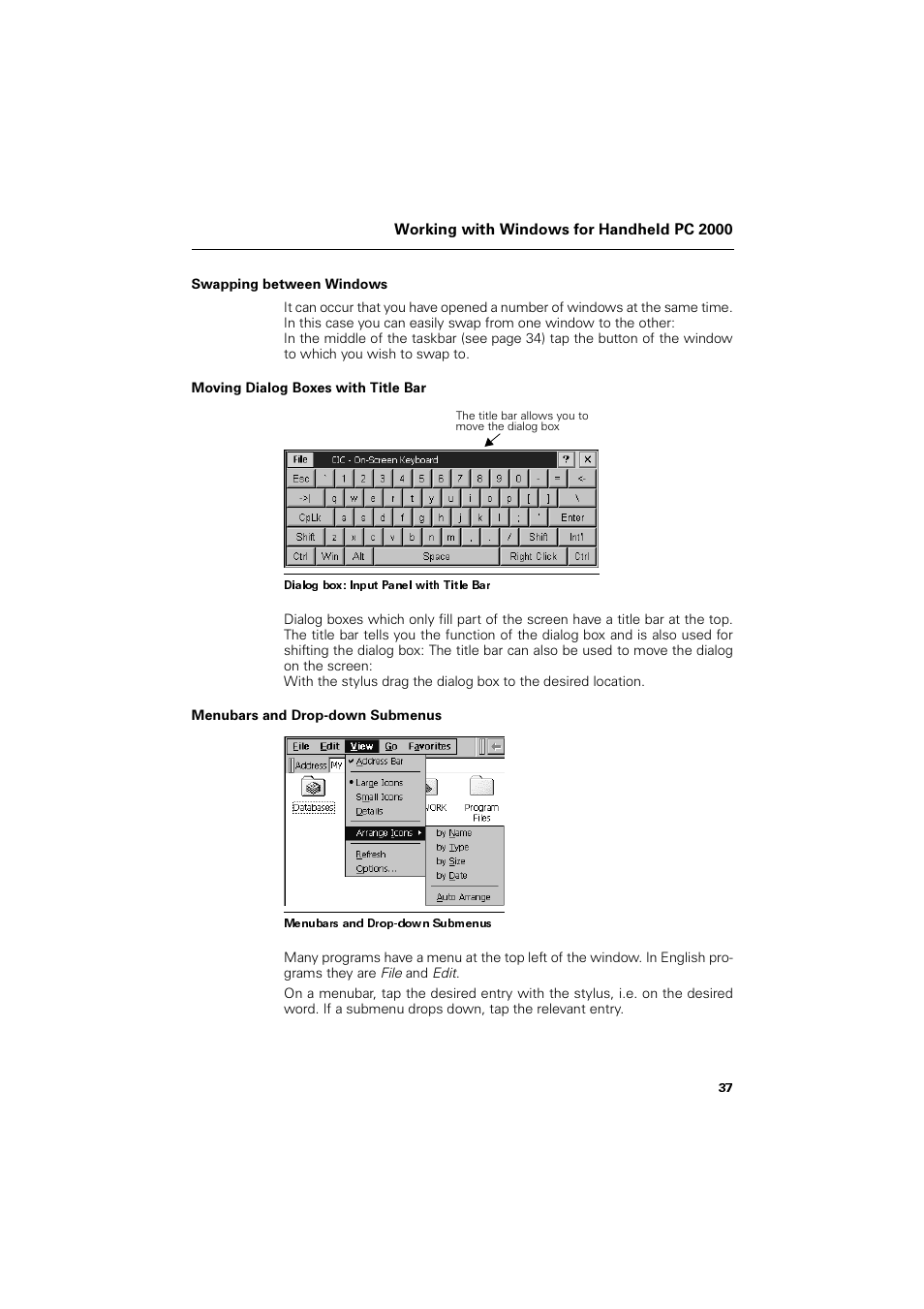 Swapping between windows, Moving dialog boxes with title bar, Menubars and drop-down submenus | Siemens SL4 User Manual | Page 37 / 104