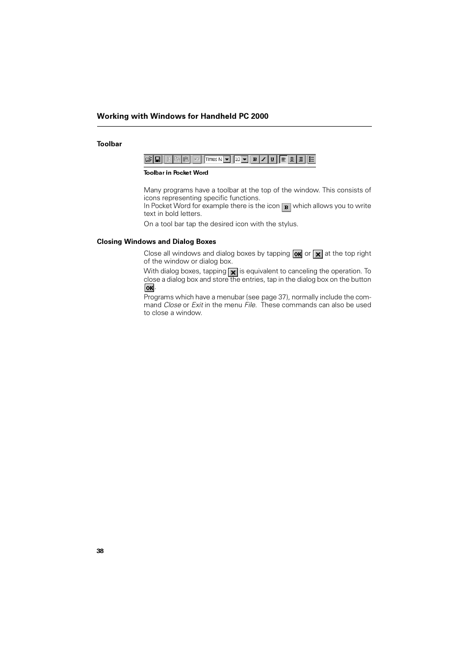 Toolbar, Closing windows and dialog boxes | Siemens SL4 User Manual | Page 38 / 104