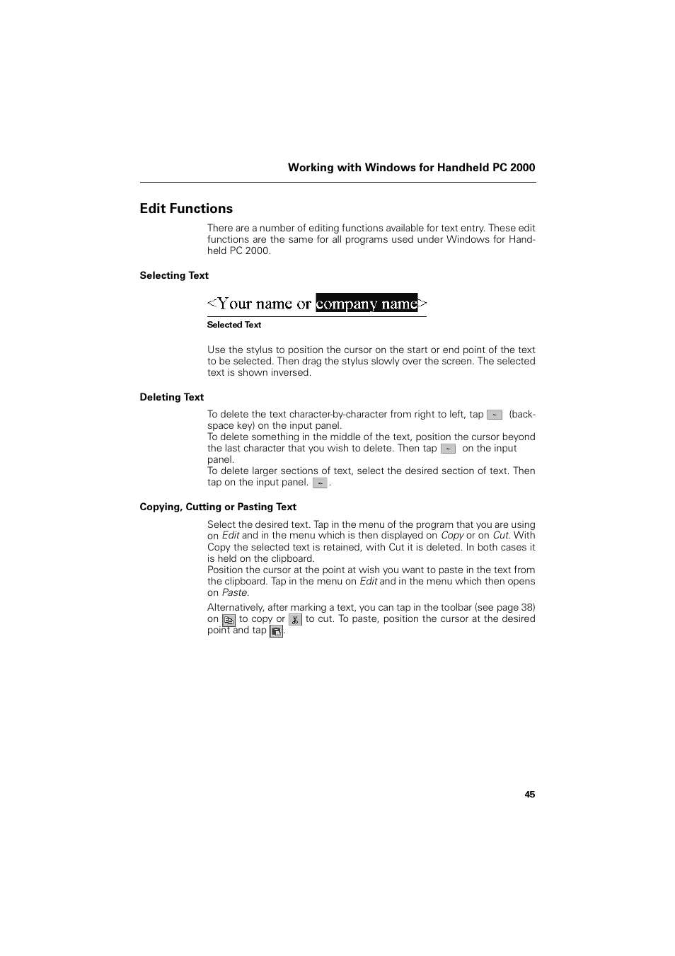Edit functions, Selecting text, Deleting text | Copying, cutting or pasting text, Glw )xqfwlrqv | Siemens SL4 User Manual | Page 45 / 104