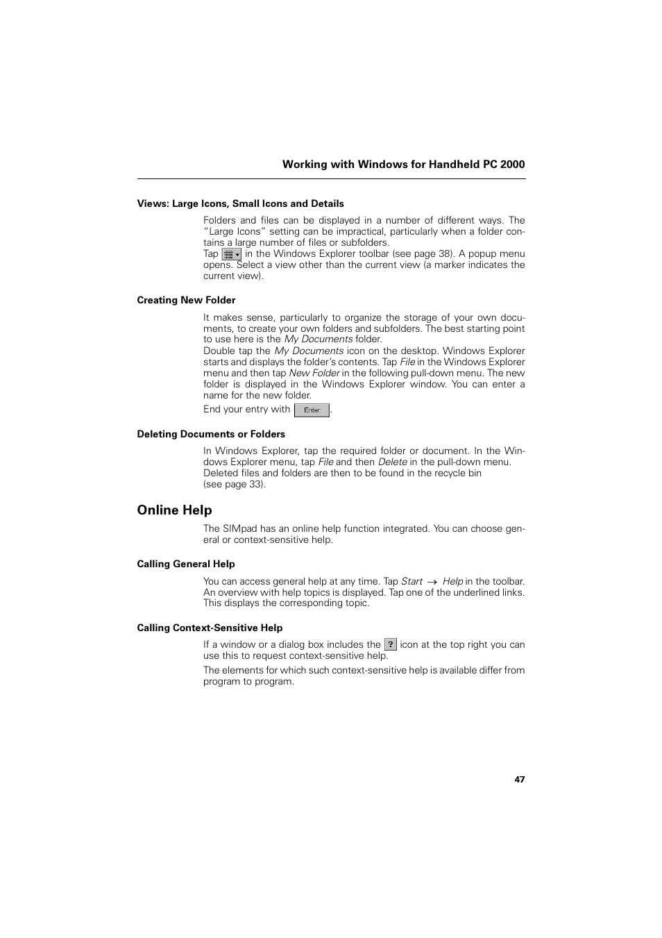 Views: large icons, small icons and details, Creating new folder, Deleting documents or folders | Online help, Calling general help, Calling context-sensitive help, 2qolqh +hos | Siemens SL4 User Manual | Page 47 / 104