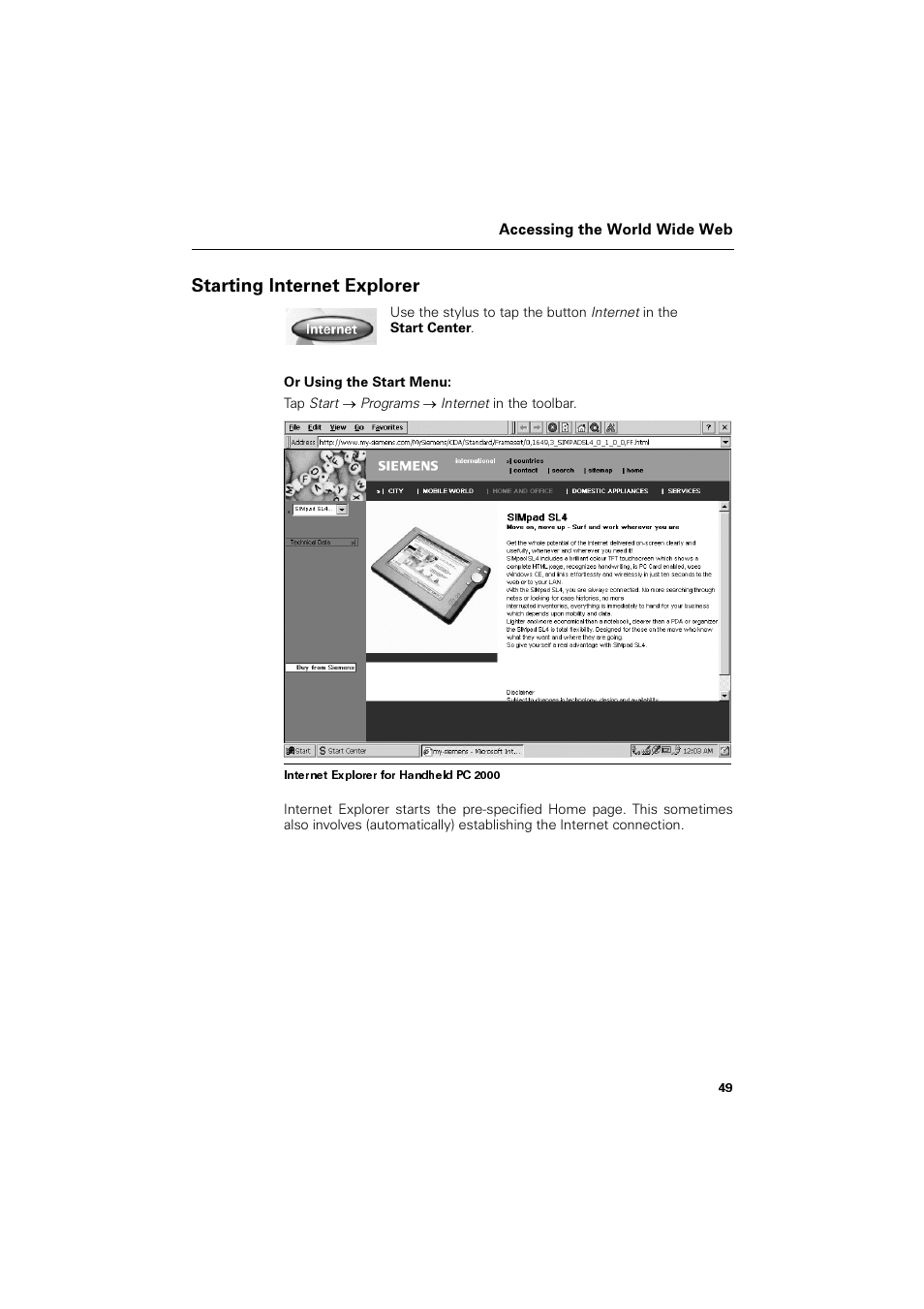 Starting internet explorer, 6wduwlqj ,qwhuqhw ([soruhu | Siemens SL4 User Manual | Page 49 / 104