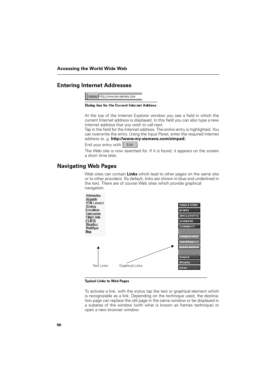 Entering internet addresses, Qwhulqj ,qwhuqhw $gguhvvhv, 1dyljdwlqj :he 3djhv | Siemens SL4 User Manual | Page 50 / 104