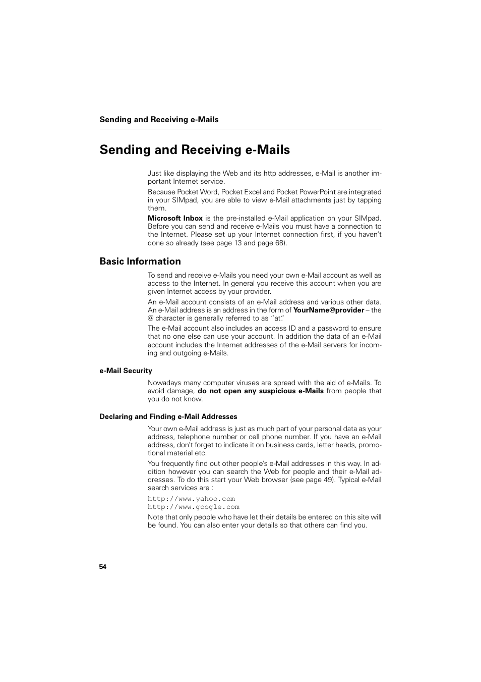 Sending and receiving e-mails, Basic information, E-mail security | Declaring and finding e-mail addresses, 6hqglqj dqg 5hfhlylqj h0dlov, Dvlf ,qirupdwlrq | Siemens SL4 User Manual | Page 54 / 104