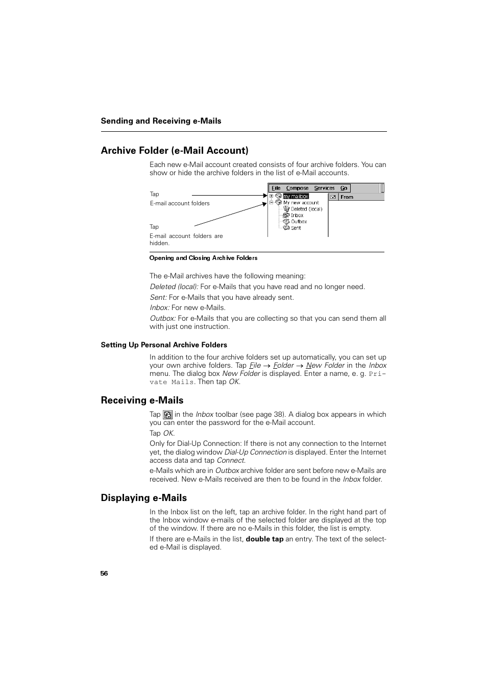 Archive folder (e-mail account), Setting up personal archive folders, Receiving e-mails | Displaying e-mails, Ufklyh )roghu h0dlo $ffrxqw, 5hfhlylqj h0dlov, Lvsod\lqj h0dlov | Siemens SL4 User Manual | Page 56 / 104