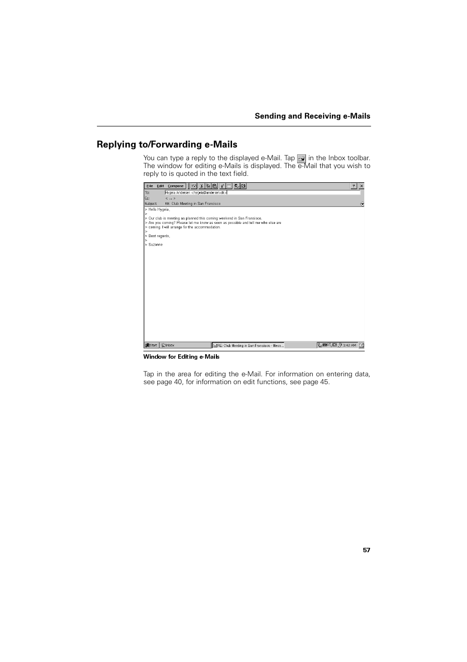 Replying to/forwarding e-mails, 5hso\lqj wr)ruzduglqj h0dlov | Siemens SL4 User Manual | Page 57 / 104