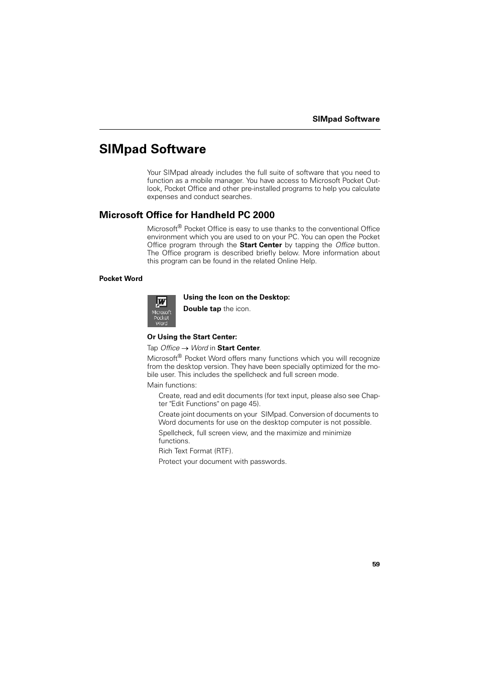 Simpad software, Microsoft office for handheld pc 2000, Pocket word | 6,0sdg 6riwzduh, 0lfurvriw 2iilfh iru +dqgkhog 3 | Siemens SL4 User Manual | Page 59 / 104