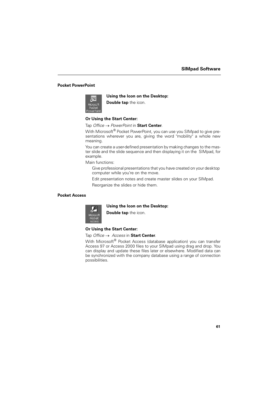 Pocket powerpoint, Pocket access | Siemens SL4 User Manual | Page 61 / 104