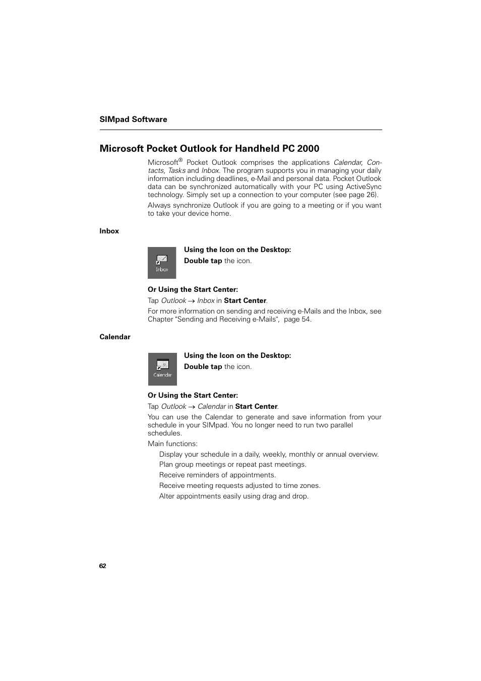 Microsoft pocket outlook for handheld pc 2000, Inbox, Calendar | 0lfurvriw 3rfnhw 2xworrn iru +dqgkhog 3 | Siemens SL4 User Manual | Page 62 / 104