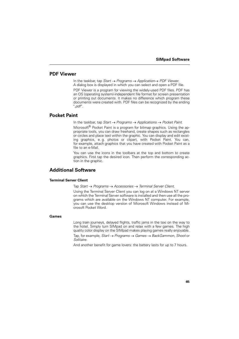 Pdf viewer, Pocket paint, Additional software | Terminal server client, Games, Pdf viewer pocket paint additional software, 3') 9lhzhu, 3rfnhw 3dlqw, Gglwlrqdo 6riwzduh | Siemens SL4 User Manual | Page 65 / 104