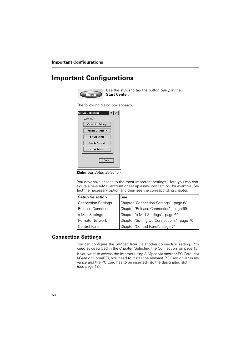 Important configurations, Setup selection, Connection settings | Release connection, E-mail settings, Remote network, Control panel, Psruwdqw &rqiljxudwlrqv, Rqqhfwlrq 6hwwlqjv | Siemens SL4 User Manual | Page 68 / 104