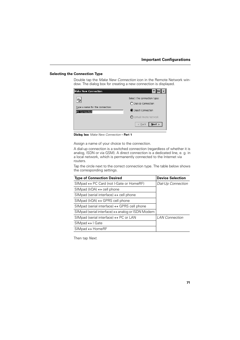 Selecting the connection type, Type of connection desired, Device selection | Simpad ´ pc card (not i-gate or homerf), Dial-up connection, Simpad (irda) ´ cell phone, Simpad (serial interface) ´ cell phone, Simpad (irda) ´ gprs cell phone, Simpad (serial interface) ´ gprs cell phone, Simpad (serial interface) ´ analog or isdn modem | Siemens SL4 User Manual | Page 71 / 104