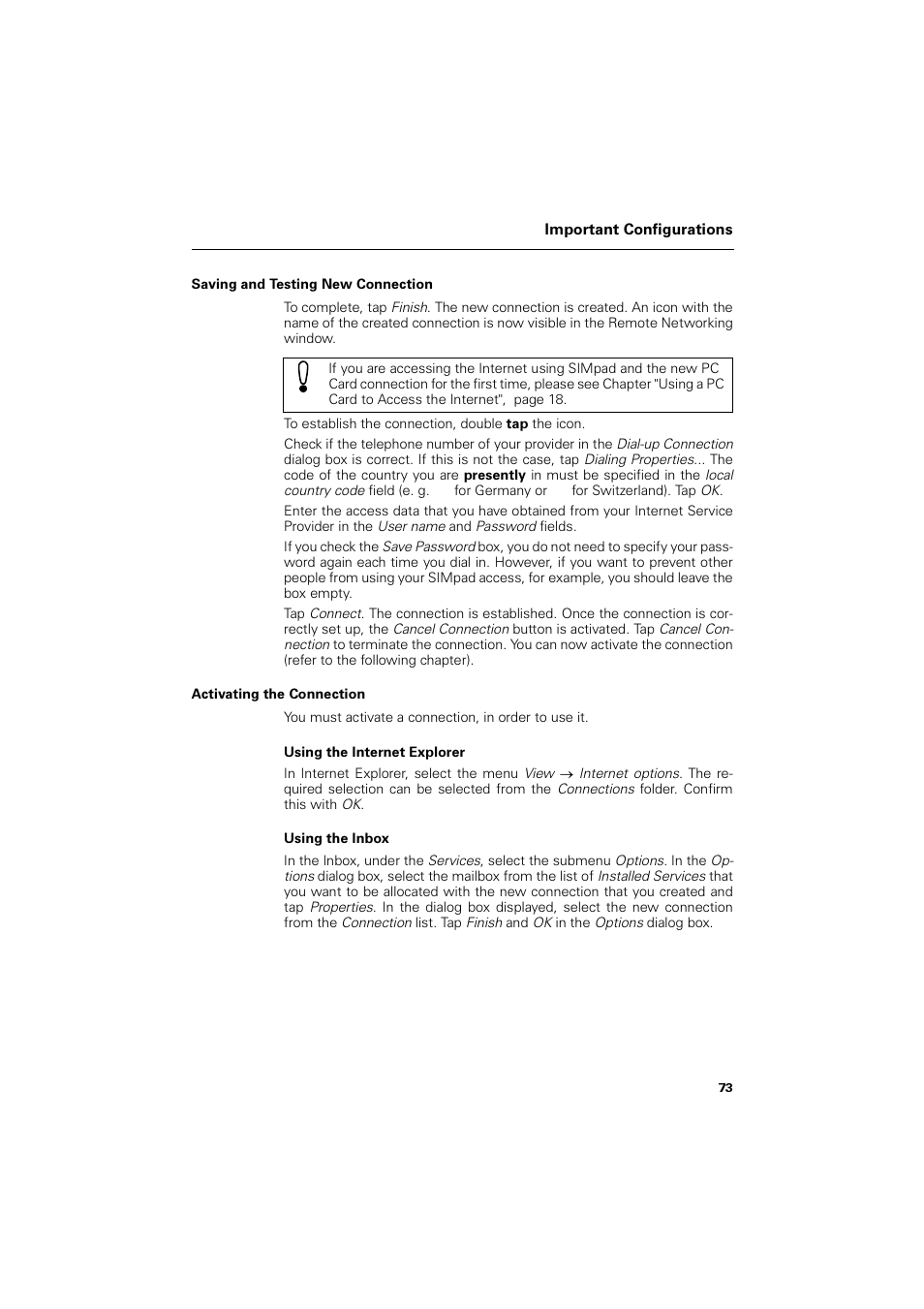 Saving and testing new connection, Activating the connection | Siemens SL4 User Manual | Page 73 / 104