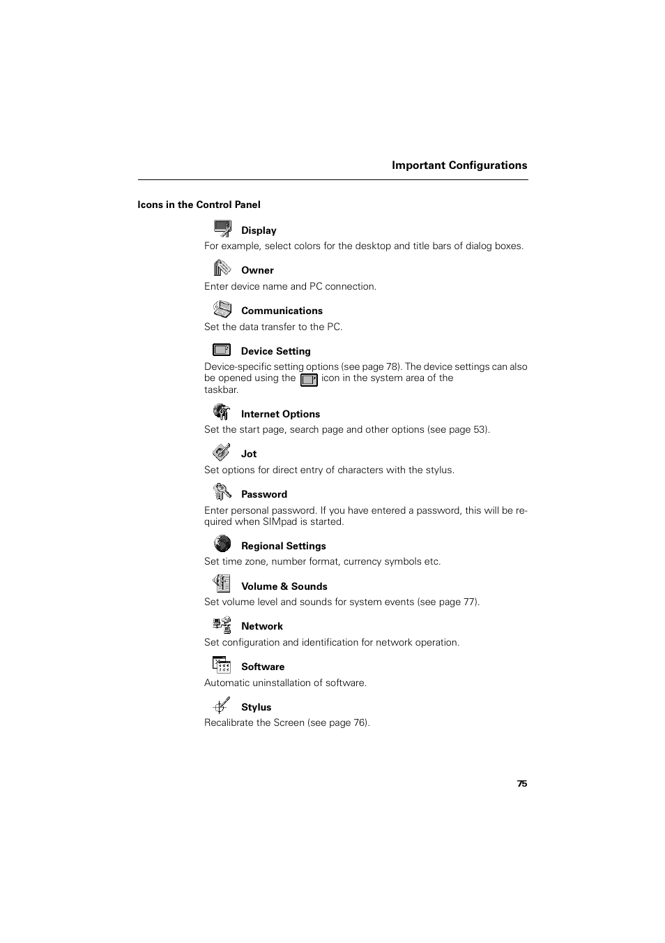 Icons in the control panel | Siemens SL4 User Manual | Page 75 / 104