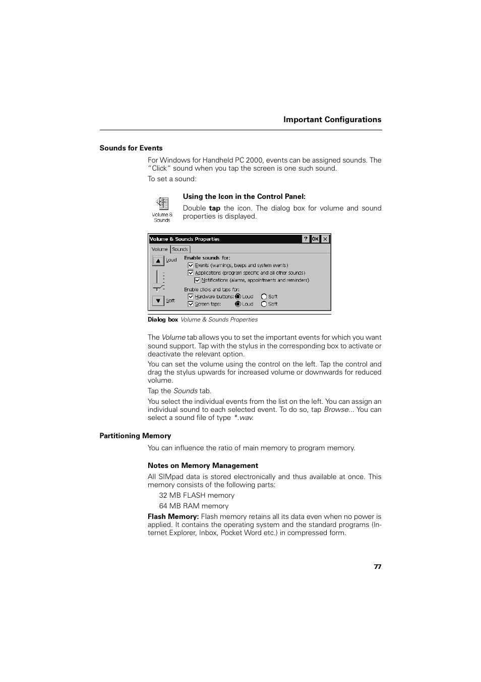 Sounds for events, Partitioning memory | Siemens SL4 User Manual | Page 77 / 104