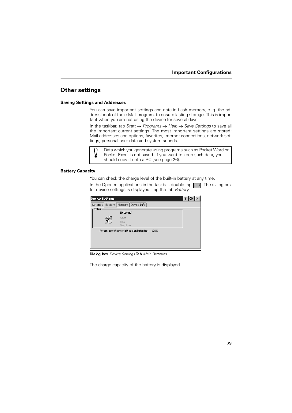 Other settings, Saving settings and addresses, Battery capacity | 2wkhu vhwwlqjv | Siemens SL4 User Manual | Page 79 / 104