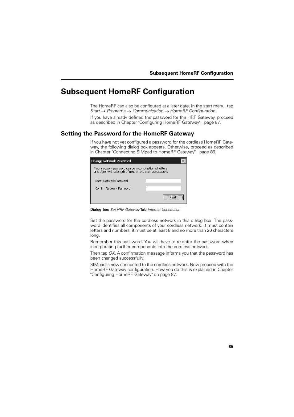 Subsequent homerf configuration, Setting the password for the homerf gateway, 6xevhtxhqw +rph5) &rqiljxudwlrq | Kdswhu 6xevhtxhqw +rph5) &rqiljxudwlrq rq sdjh, 6hwwlqj wkh 3dvvzrug iru wkh +rph5) *dwhzd | Siemens SL4 User Manual | Page 85 / 104