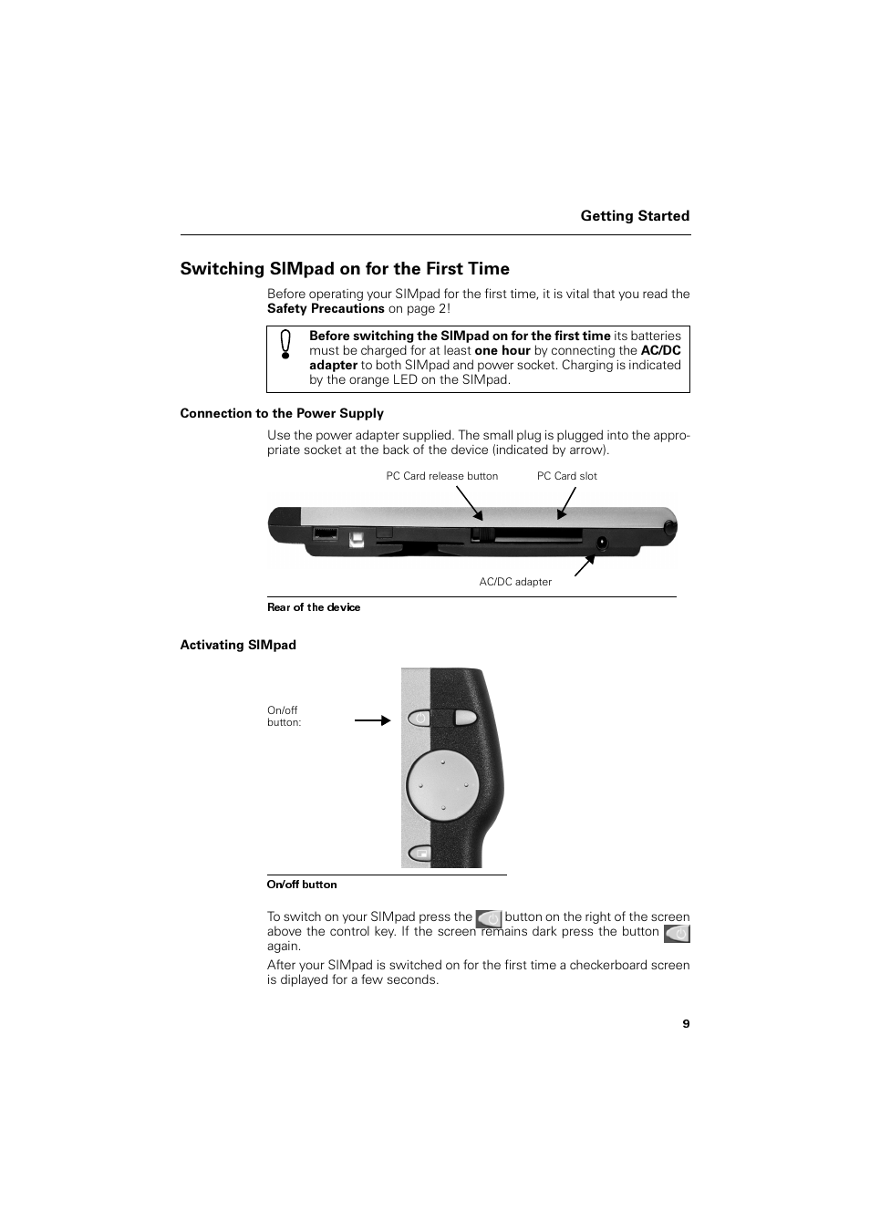 Switching simpad on for the first time, Connection to the power supply, Activating simpad | 6zlwfklqj 6,0sdg rq iru wkh )luvw 7lph | Siemens SL4 User Manual | Page 9 / 104