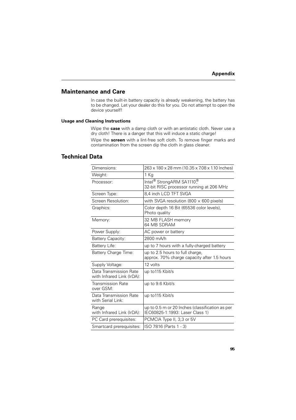 Maintenance and care, Usage and cleaning instructions, Technical data | Dimensions, 263 x 180 x 28 mm (10.35 x 7.08 x 1.10 inches), Weight, 1 kg, Processor, Screen type, 8,4 inch lcd tft svga | Siemens SL4 User Manual | Page 95 / 104