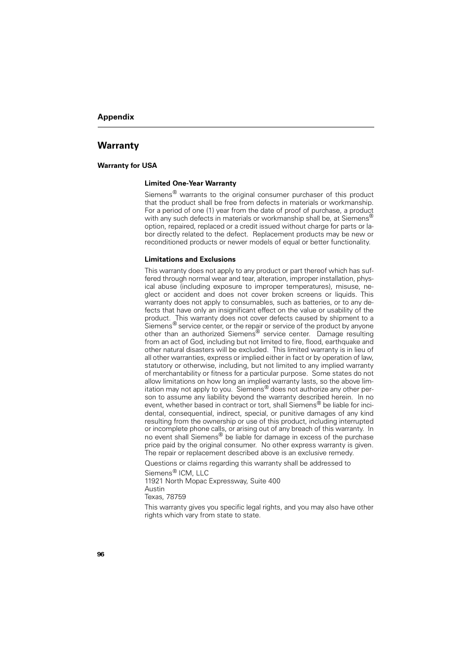 Warranty, Warranty for usa, Duudqw | Siemens SL4 User Manual | Page 96 / 104