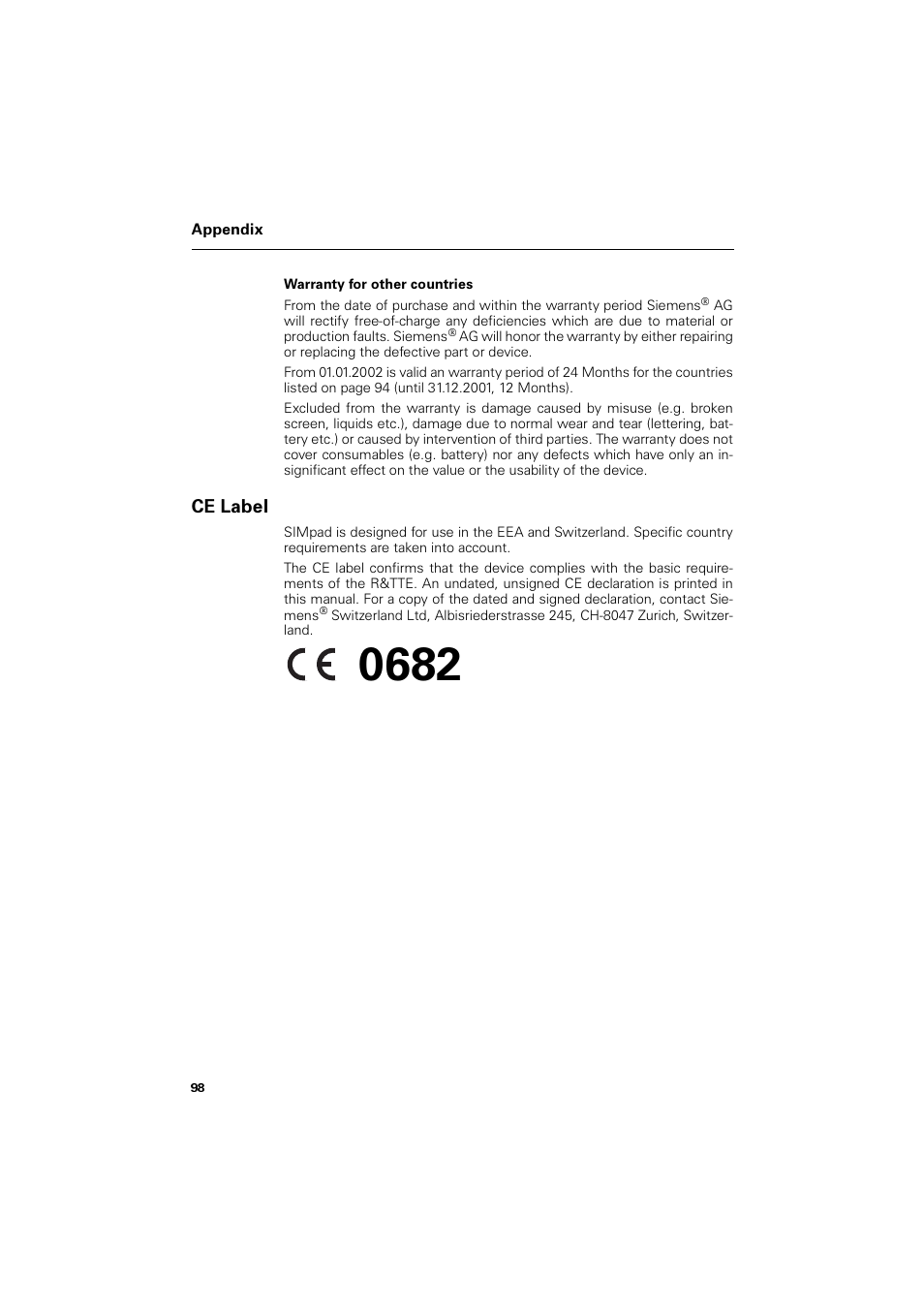 Warranty for other countries, Ce label, Deho | Siemens SL4 User Manual | Page 98 / 104