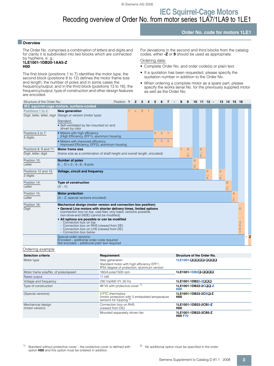 Iec squirrel-cage motors, Order no. code for motors 1le1 3 | Siemens IEC Squirrel-Cage Motor 1LA7 User Manual | Page 3 / 16
